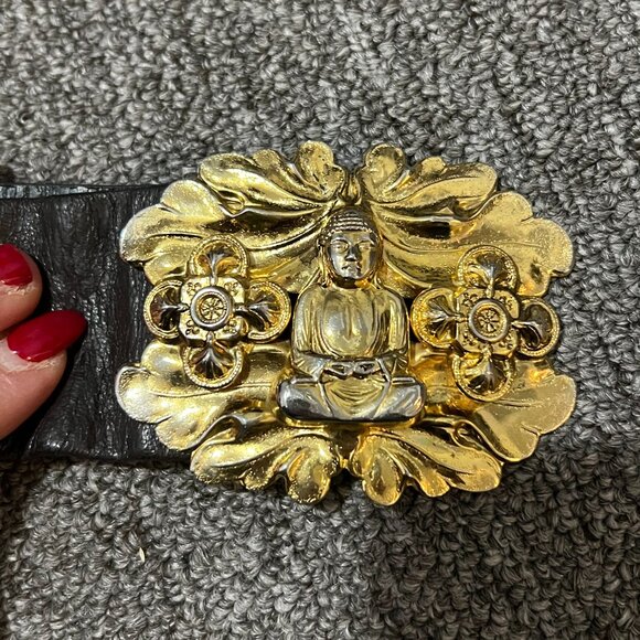 Vintage Abbe Creation Buddah Women\'s Belt Black Leather Gold Buckle main image 4